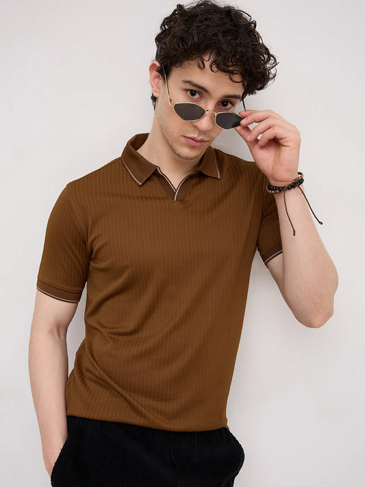 Chocolate Brown Striped Weave Polo Tee