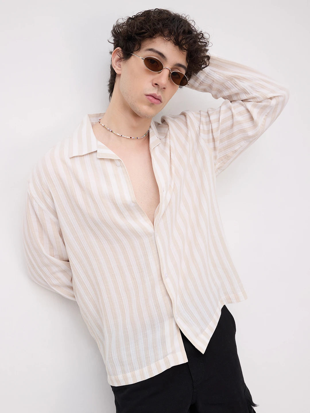 Bisque Beige Candy Striped Notch Collar Oversized Shirt