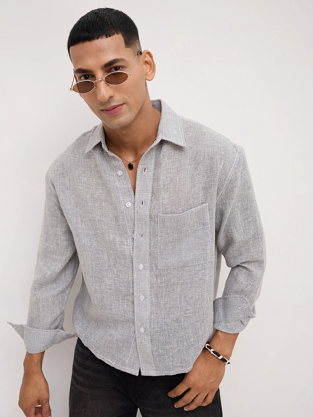 Frost Grey Crosshatch Grid Textured Boxy Fit Crop Shirt