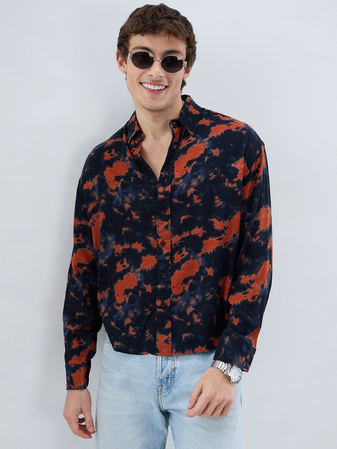 Burnt Orange Tie-Dye Printed Boxy Fit Crop Shirt