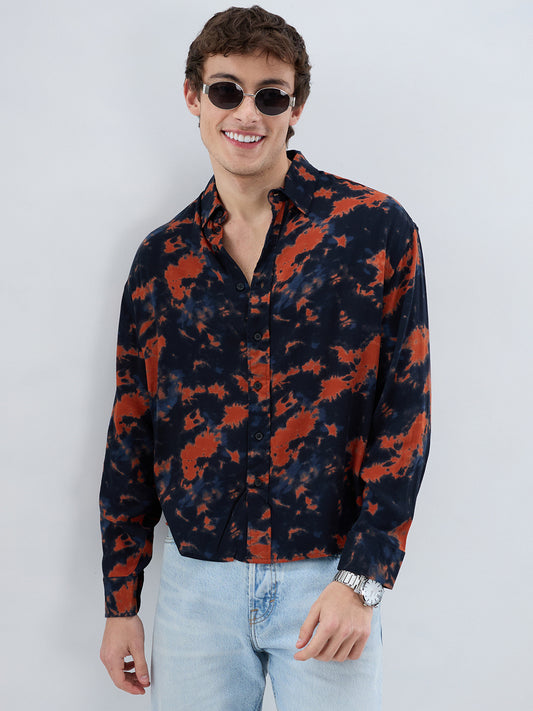 Burnt Orange Tie-Dye Printed Boxy Fit Crop Shirt
