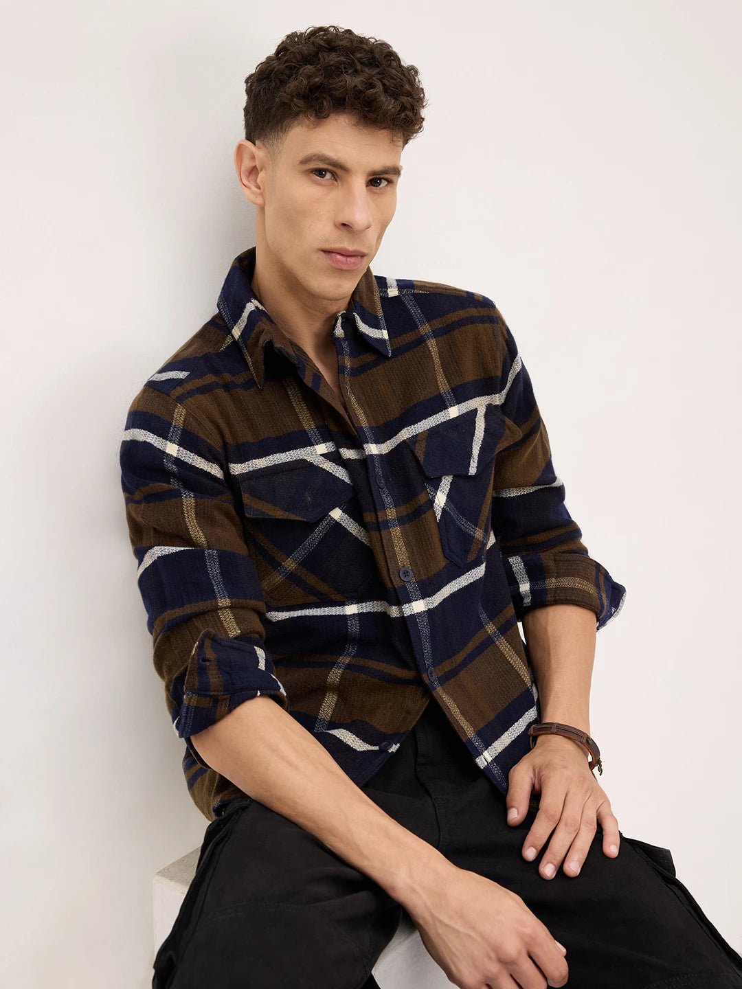Walnut Brown & Navy Plaid Checks Double Pocket Flannel Shirt