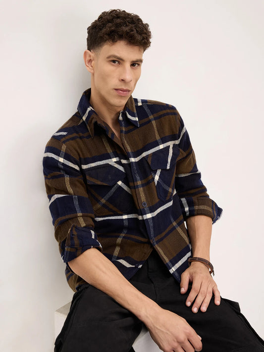 Walnut Brown & Navy Plaid Checks Double Pocket Flannel Shirt