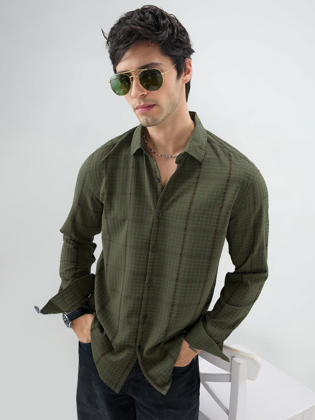 Olive Micro Checks Textured Shirt
