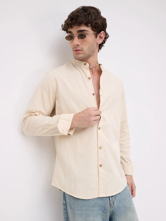 Bisque Beige Seersucker Striped Mandarin Shirt