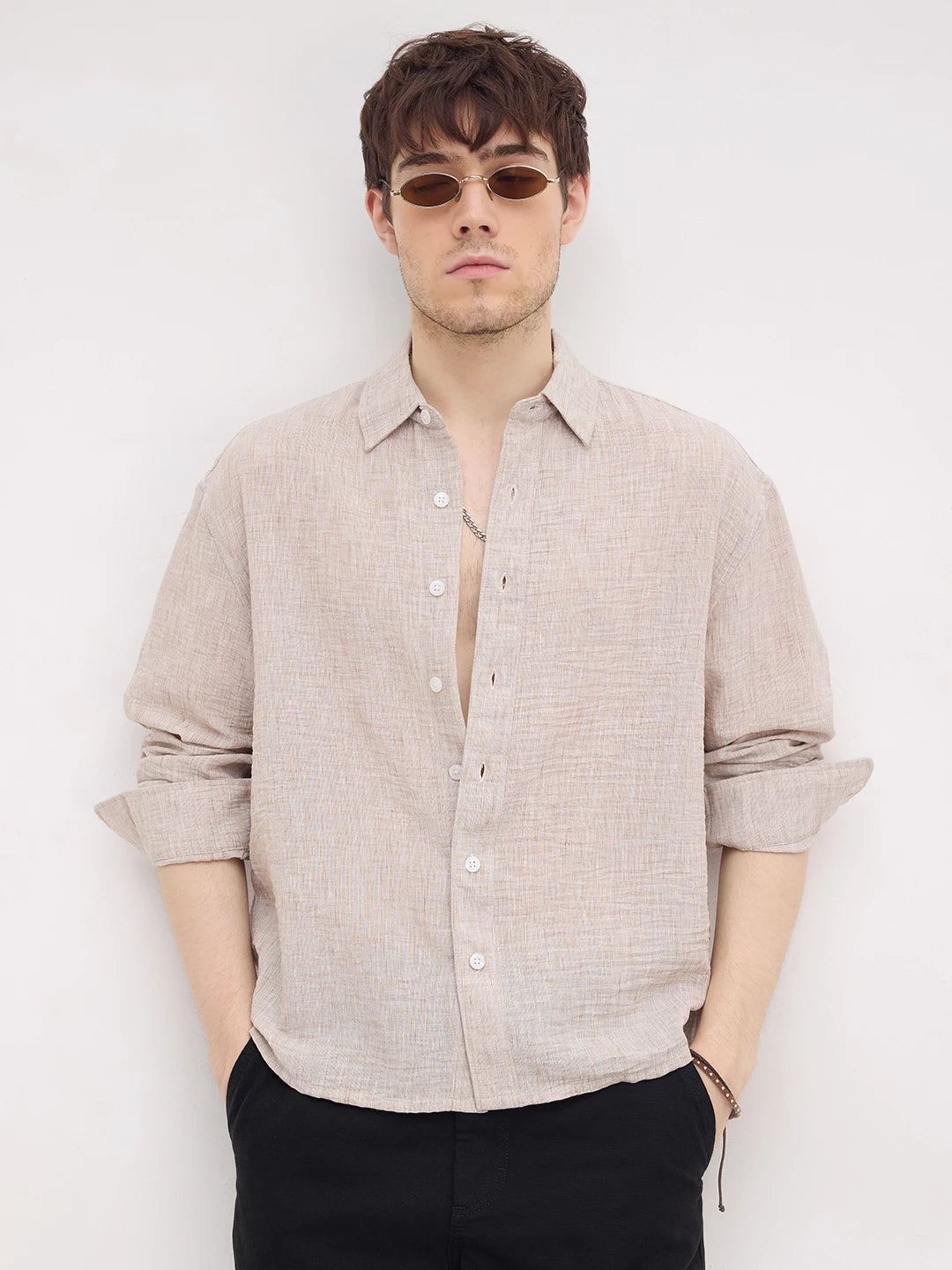 Tan Beige Fine Textured Boxy Fit Crop Shirt