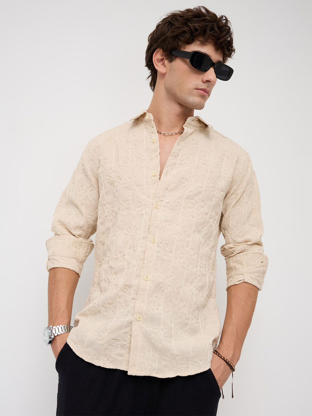 Serene Whispering Bloom Bisque Beige Embroidered Shirt