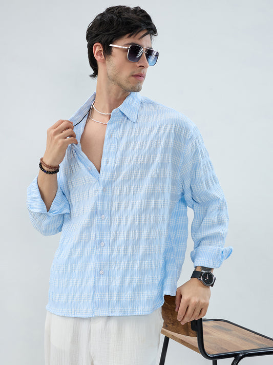 Blue & White Seersucker Gingham Checks Boxy Fit Crop Shirt