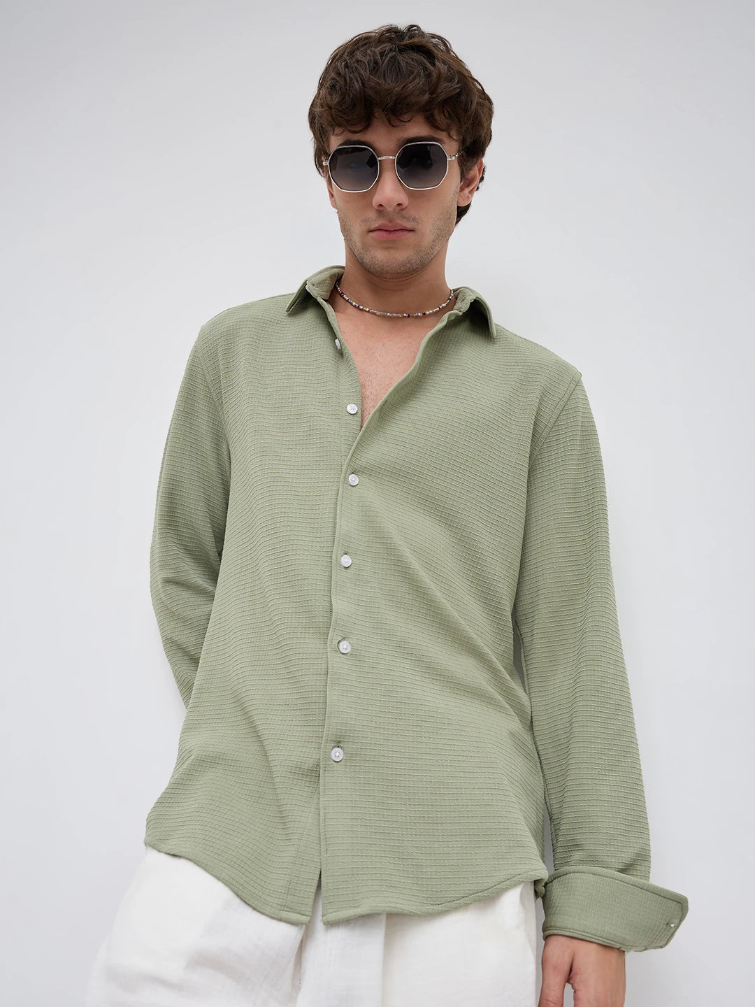 Refined Sage Green Gingham Checks Knitted Shirt