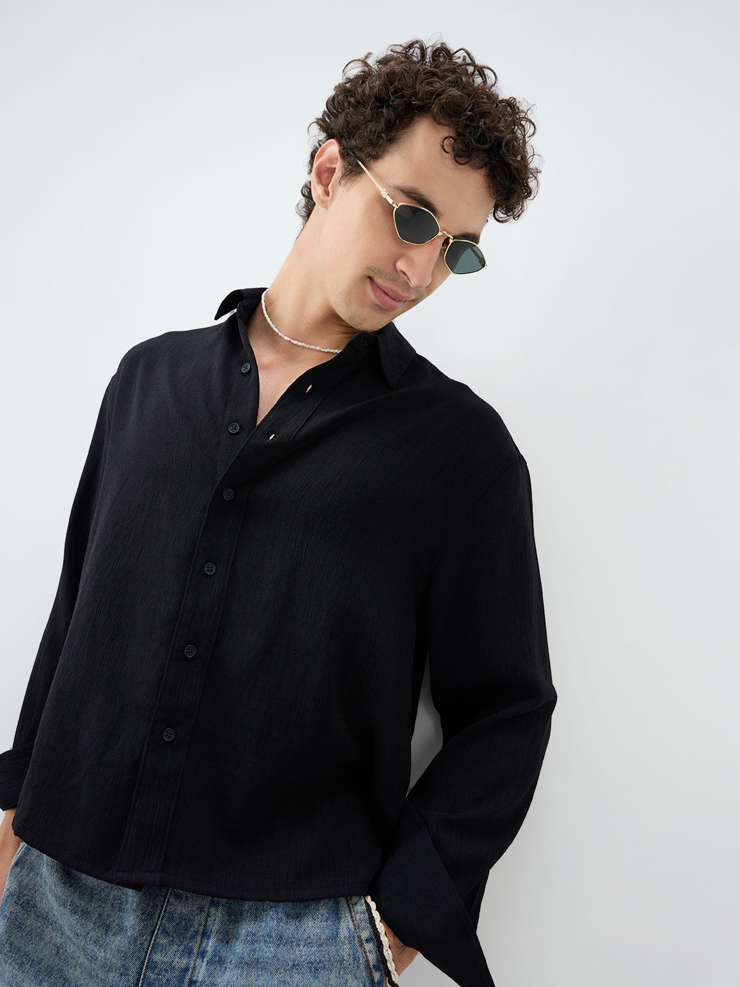 Classic Black Slub Textured Fine Weave Boxy Fit Crop Shirt
