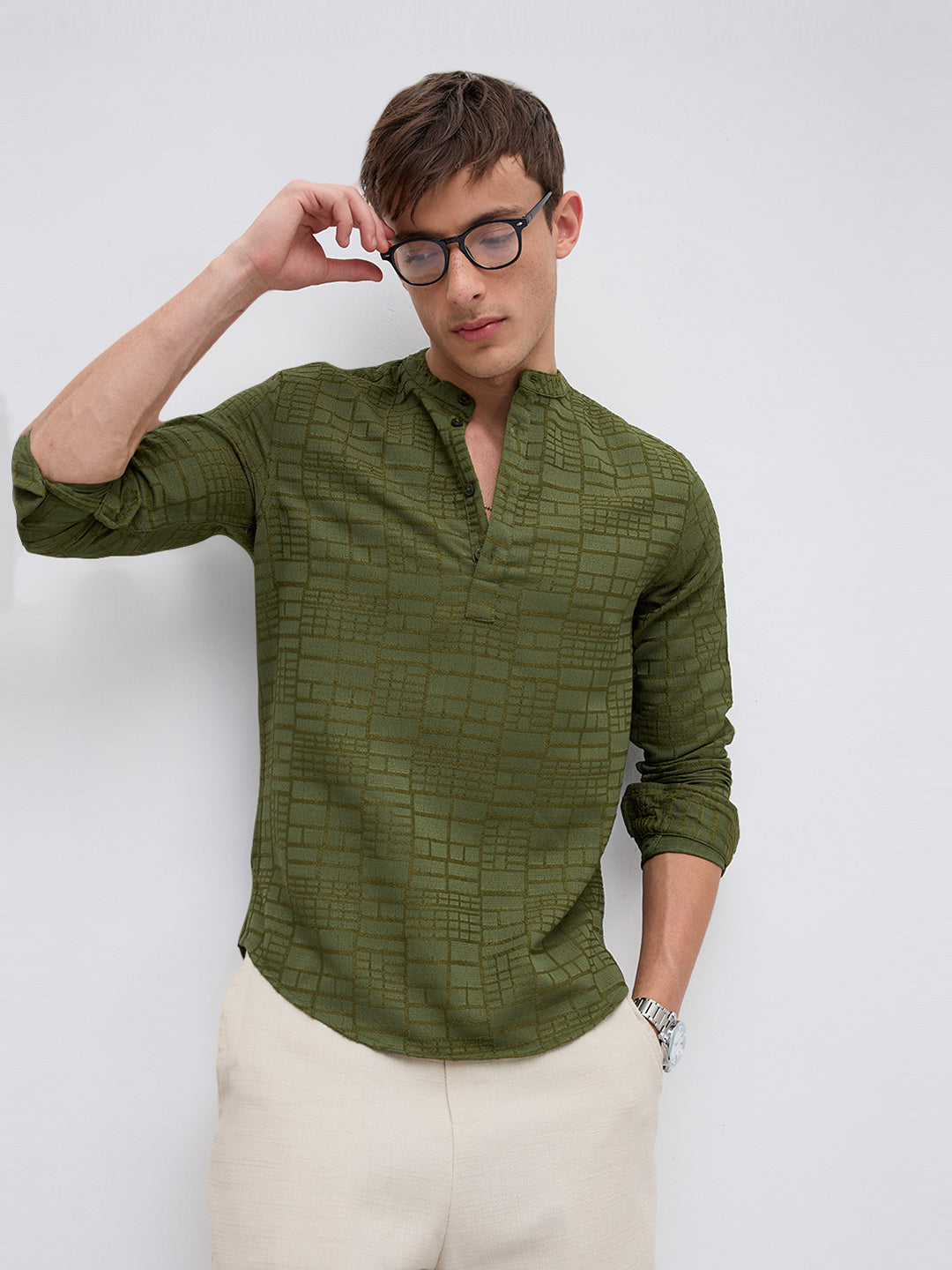 Classic Forest Green Maze Textured Kurta