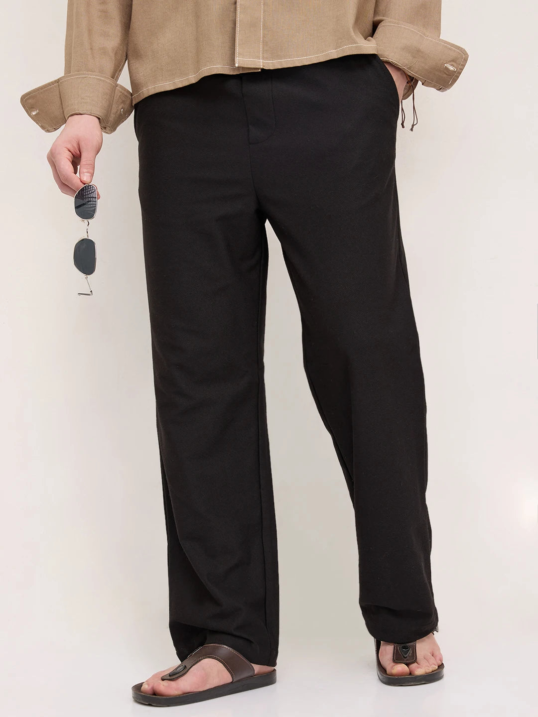 Black Diagonal Textured Knitted Straight Leg Trousers
