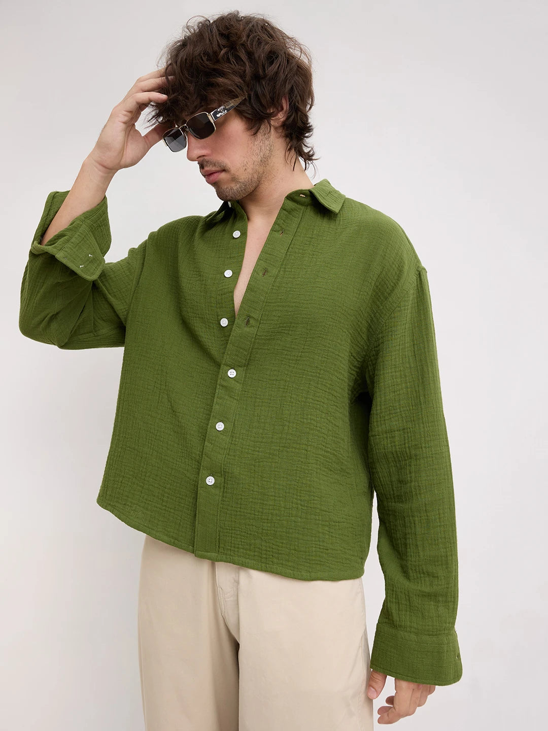 Evergreen Double Cloth Boxy Fit Crop Shirt