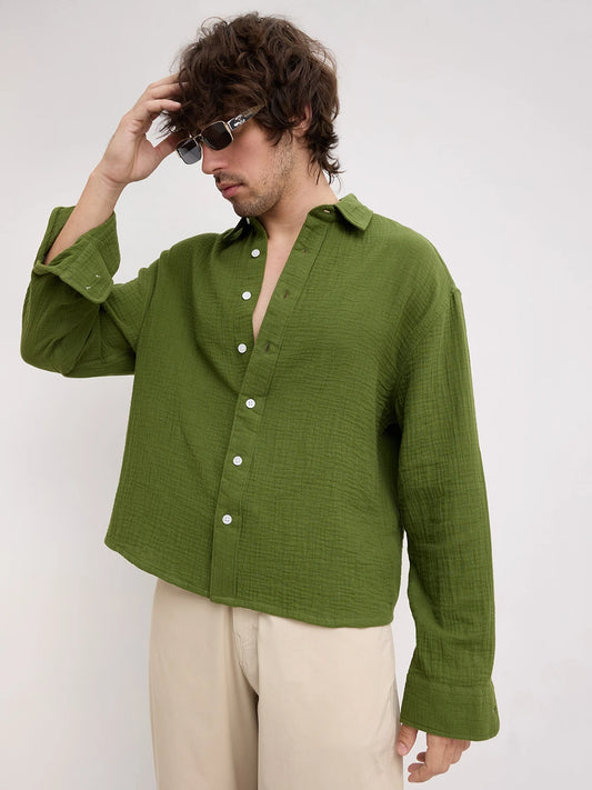 Evergreen Double Cloth Boxy Fit Crop Shirt