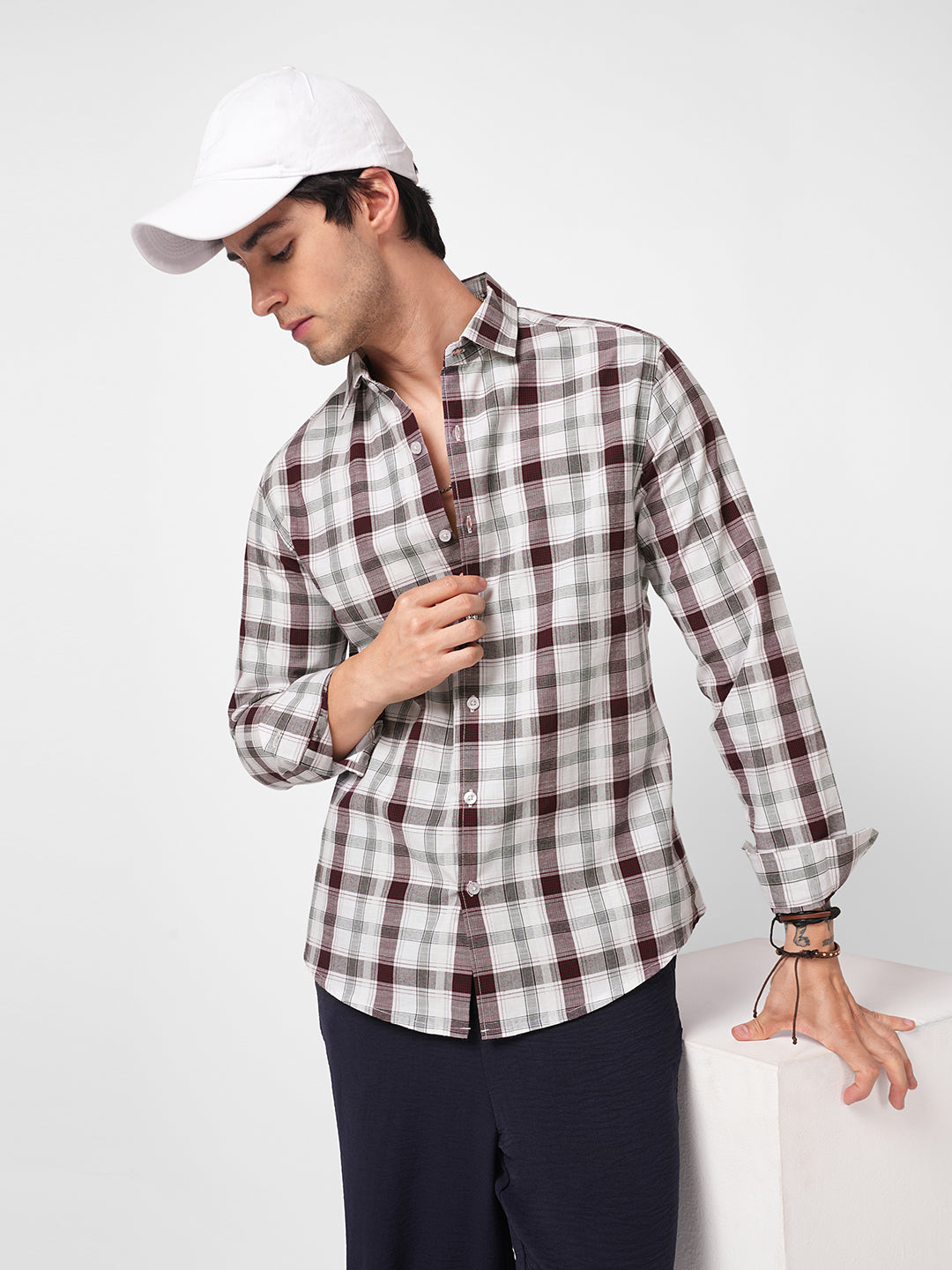 Classic Maroon & White Plaid Checks Shirt