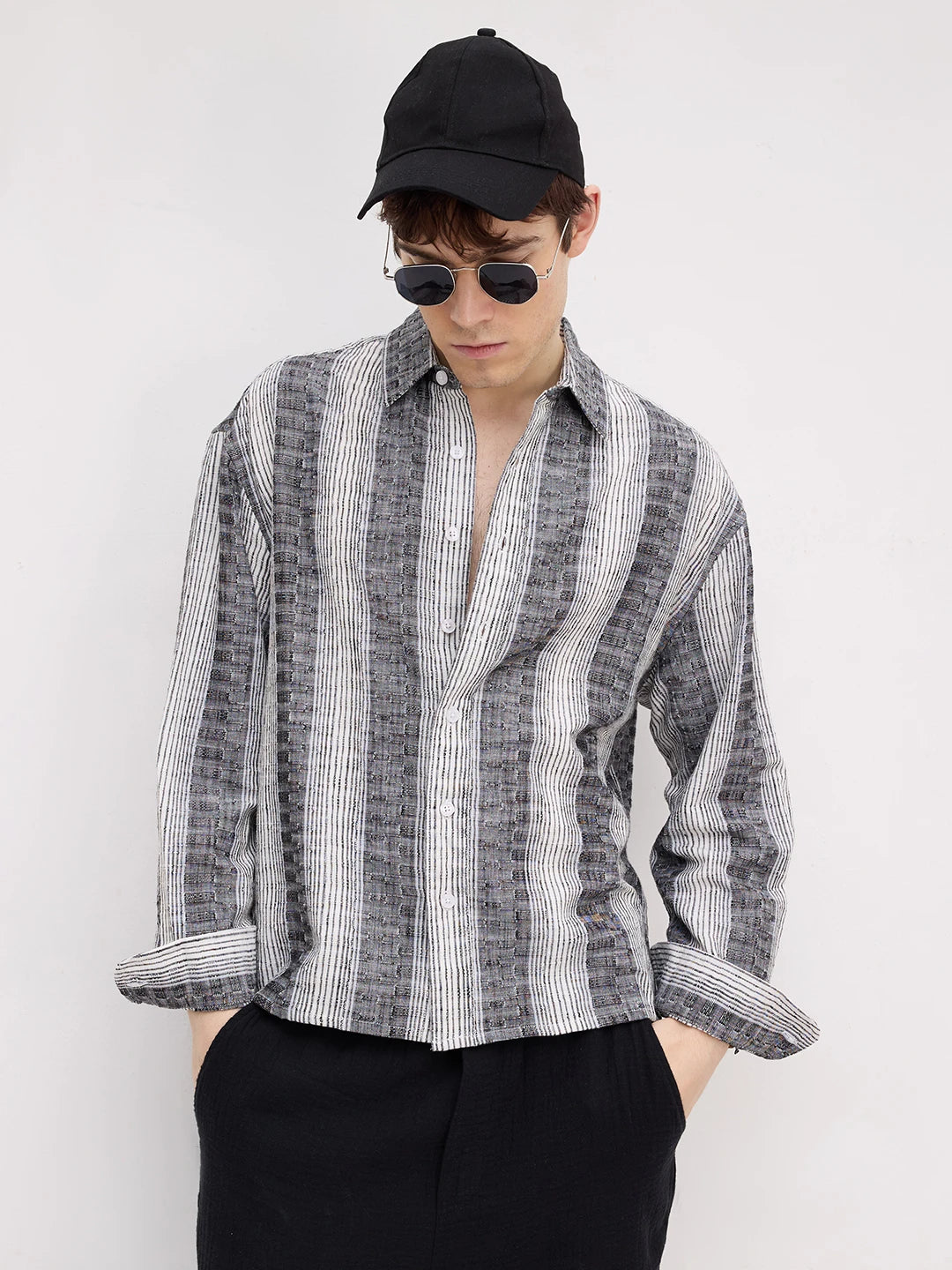 Intricate Charcoal Grey Striped Boxy Fit Crop Shirt