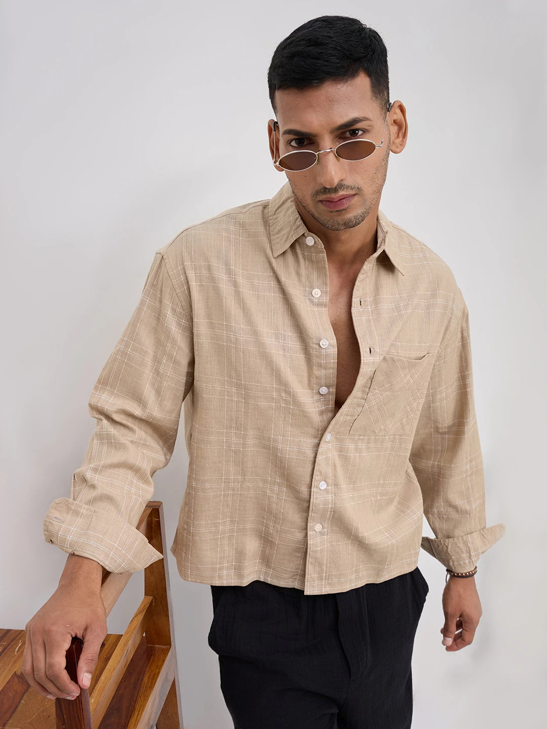 Sand Beige Windowpane Check Boxy Fit Crop Shirt