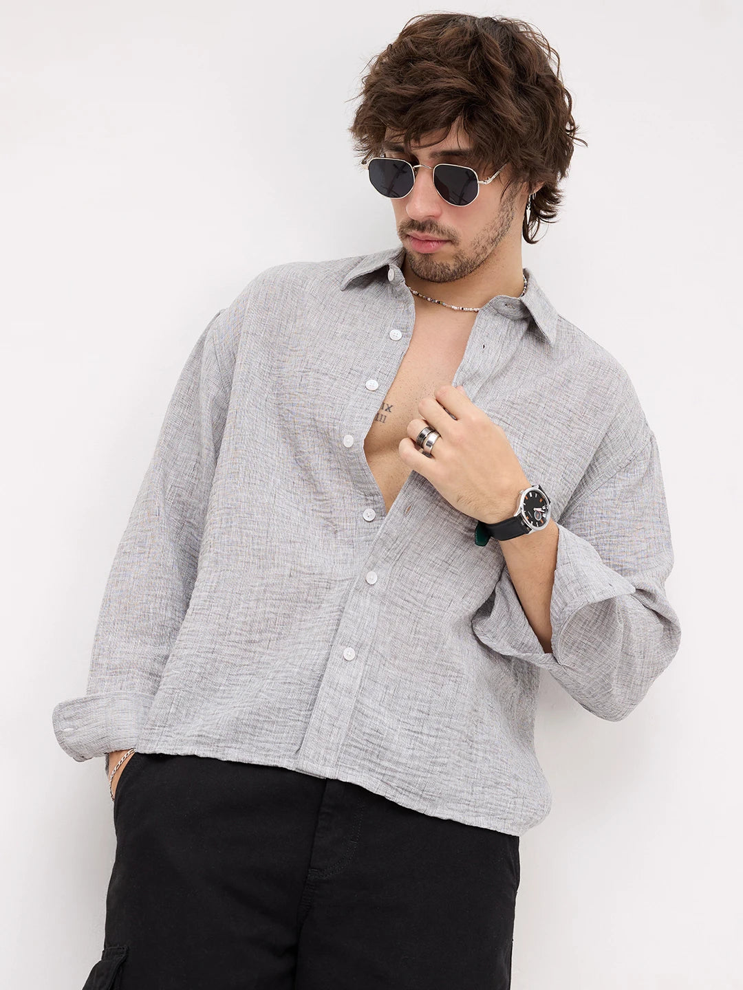 Refined Ash Grey Textured Boxy Fit Crop Shirt
