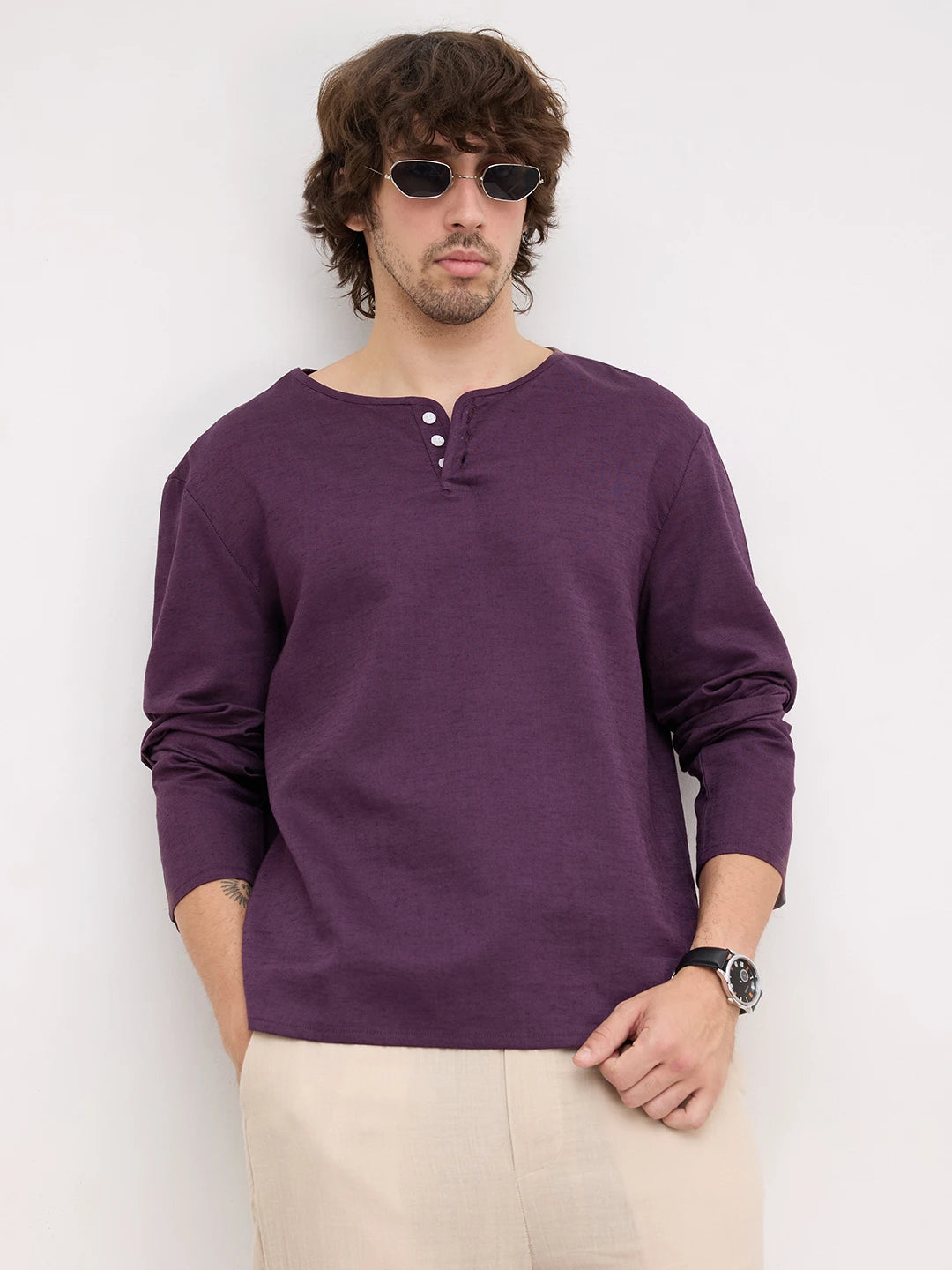 Luxe Plum Linen Blend Henley Neck Oversized Shirt