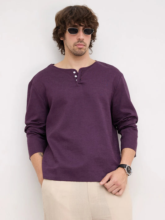 Luxe Plum Linen Blend Henley Neck Oversized Shirt