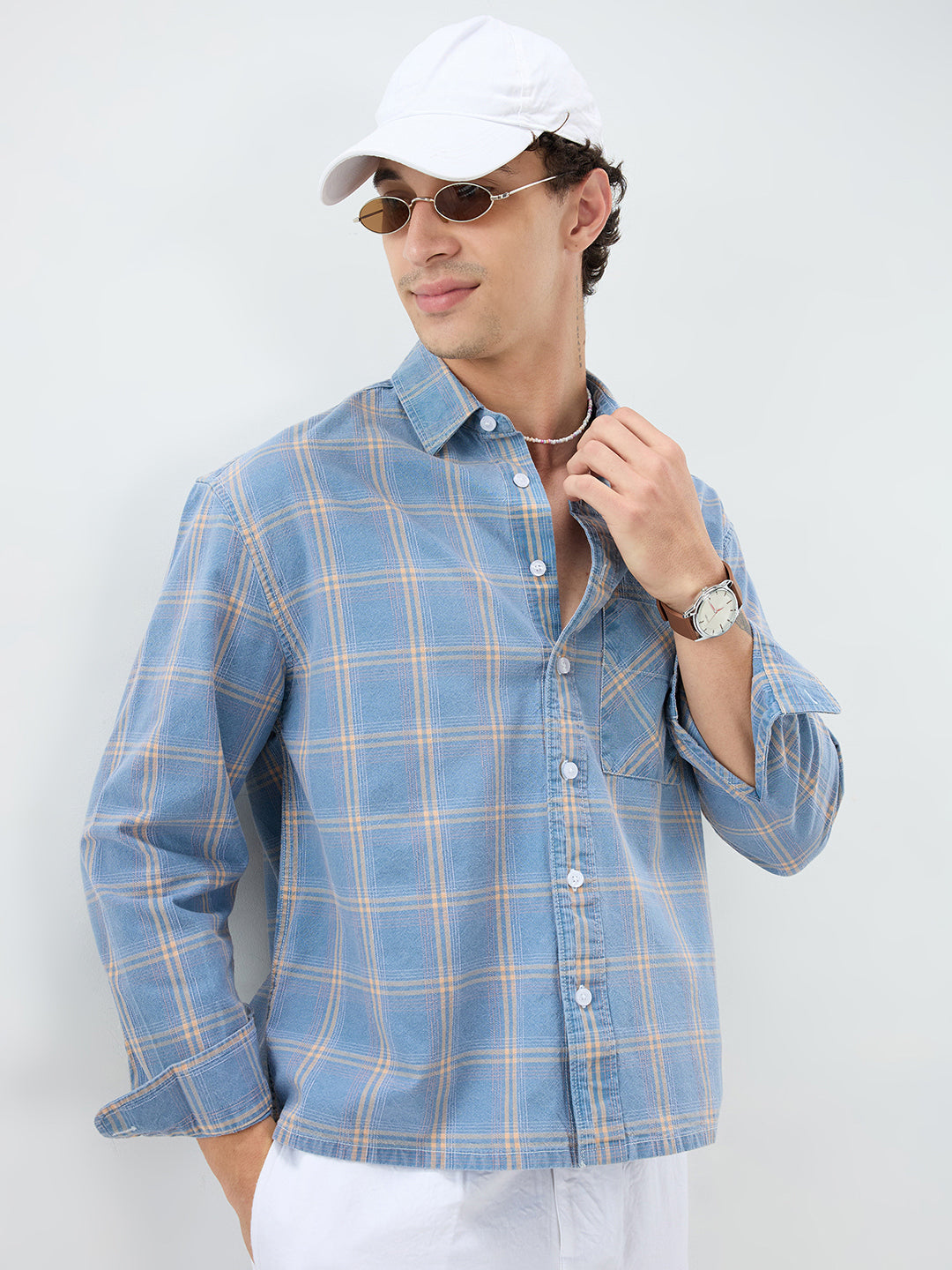 Denim Blue & Yellow Multi Line Checks Boxy Fit Crop Shirt