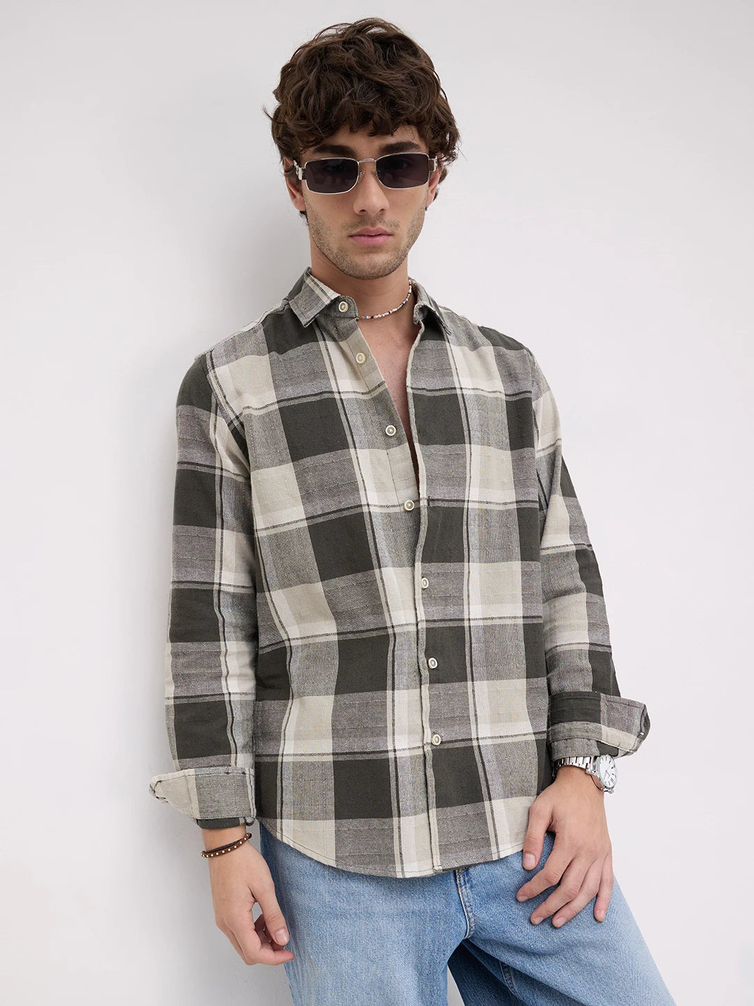 Dark Army Green Windowpane Checks Shirt