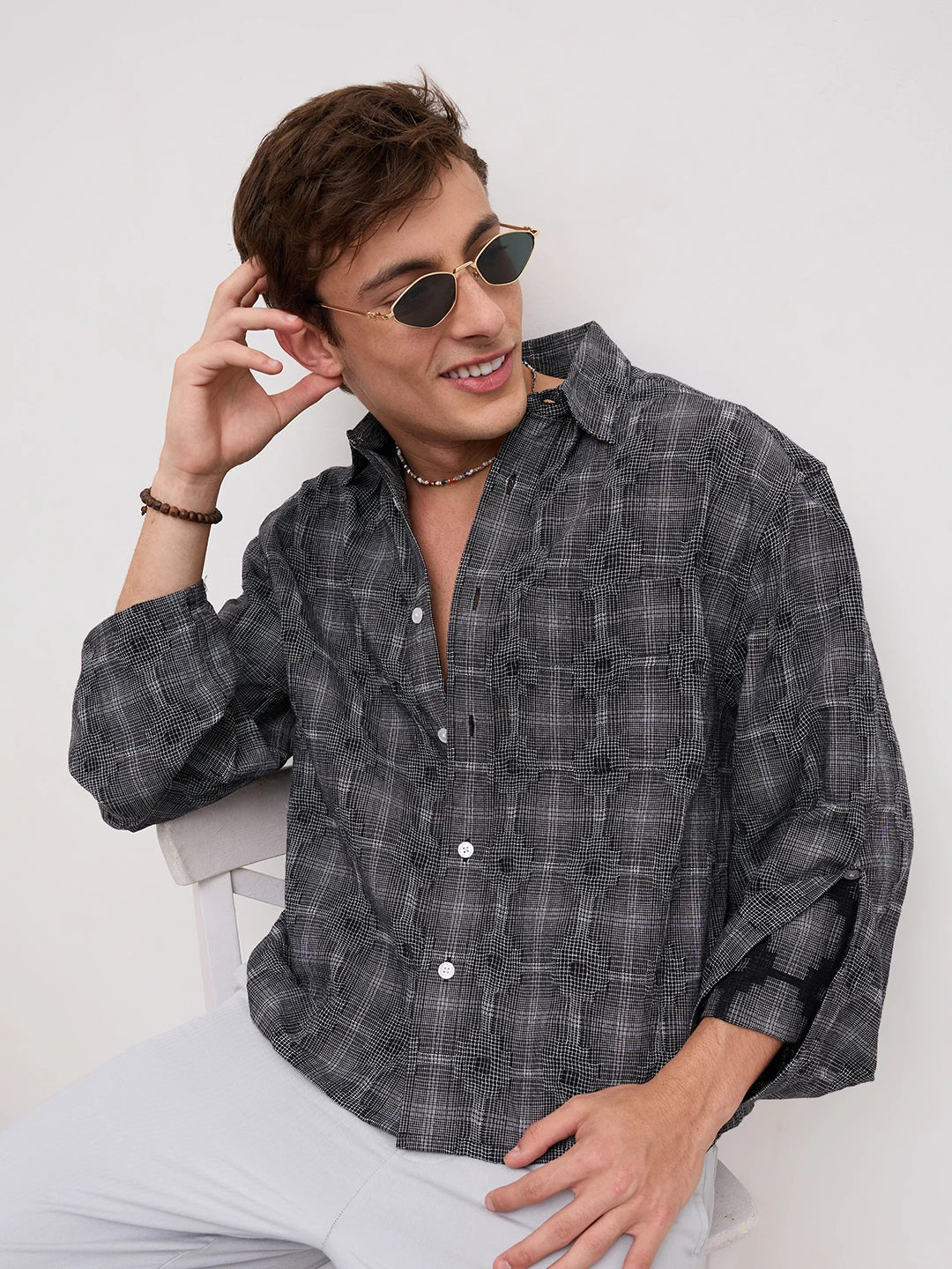 Monochrome Glitch Micro Check Matrix Cuffless Oversized Crop Shirt