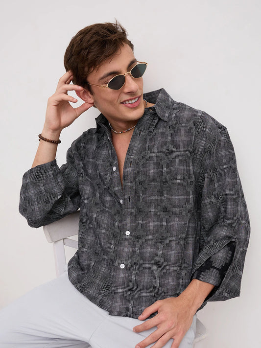 Monochrome Glitch Micro Check Matrix Cuffless Oversized Crop Shirt