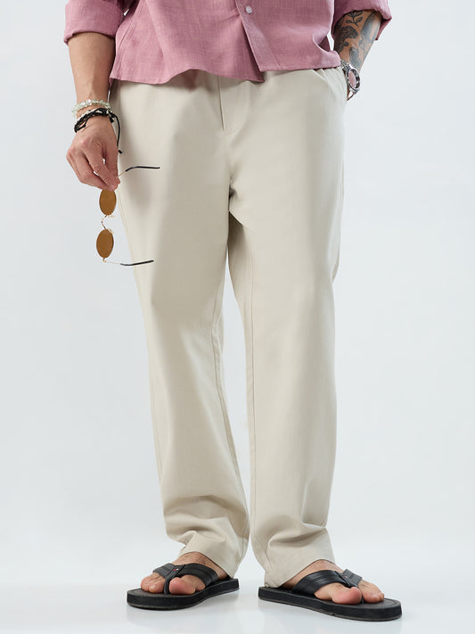 Solid Stone Beige Tapered Trousers