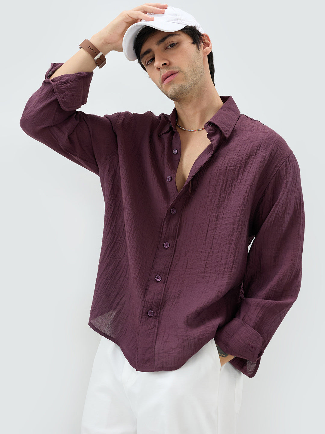 Solid Wine Sheer Crepe Boxy Fit Crop Shirt