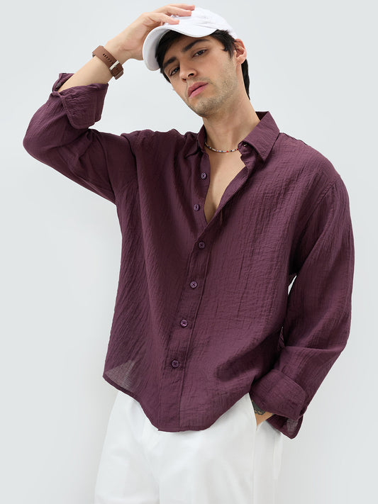 Solid Wine Sheer Crepe Boxy Fit Crop Shirt