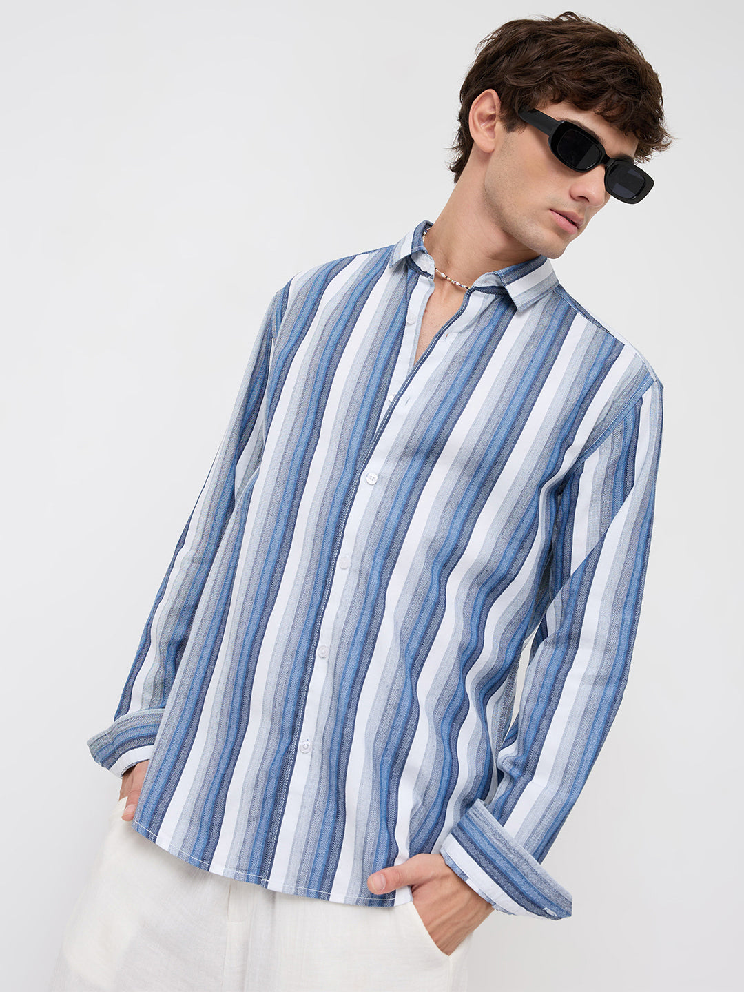 Coastal Denim Vertical Striped Vacation Shirt