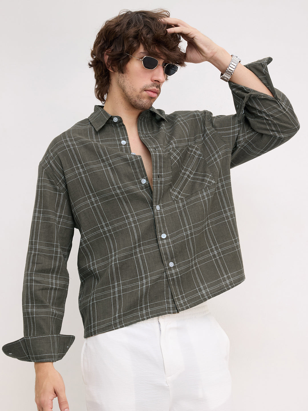 Earthy Olive Contrast Windowpane Checks Boxy Fit Crop Shirt