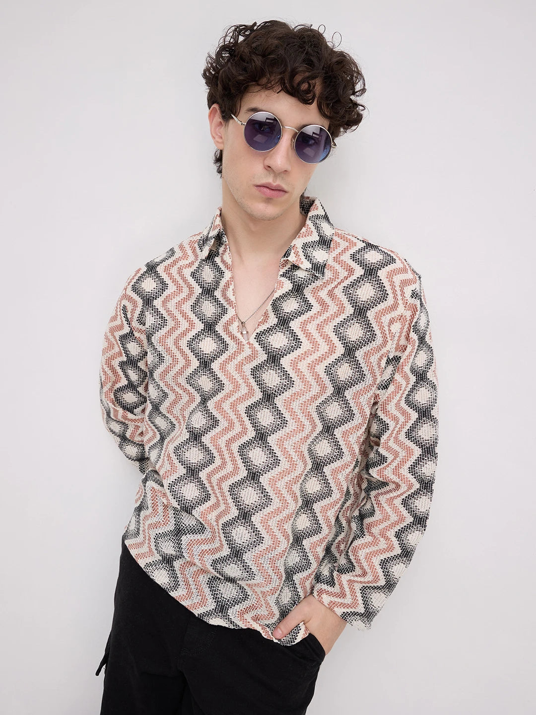Retro Drift Chevron Striped Crochet Polo Oversized Shirt