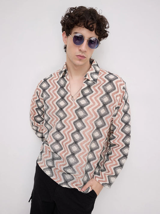 Retro Drift Chevron Striped Crochet Polo Oversized Shirt