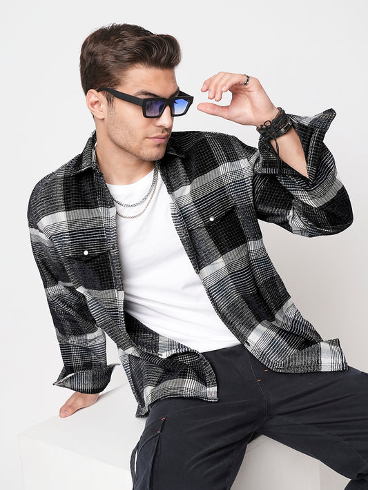 Black Checks Double Flap Pocket Corduroy Shirt