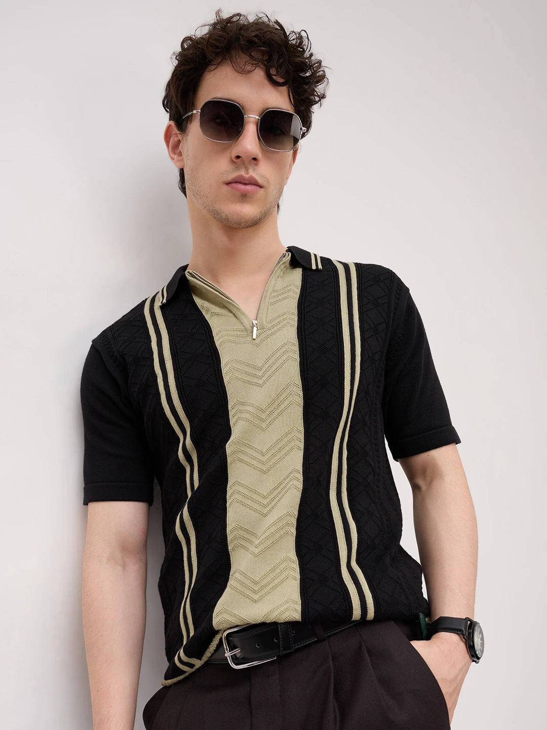 Sage Chevron Panel Zip Flat Knit Polo T-Shirt