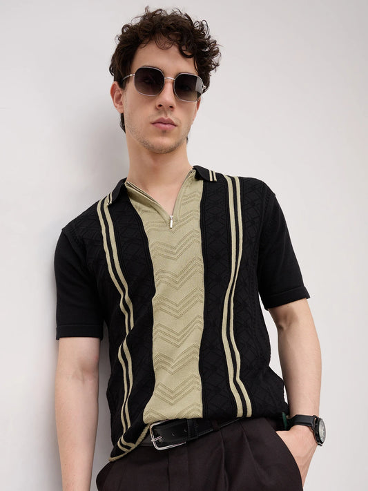 Sage Chevron Panel Zip Flat Knit Polo T-Shirt