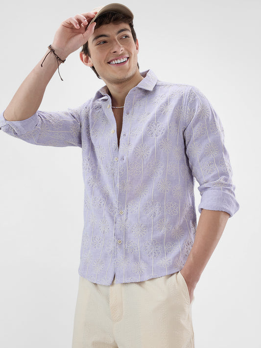 Soft Lilac Floral Embroidered Slub Shirt