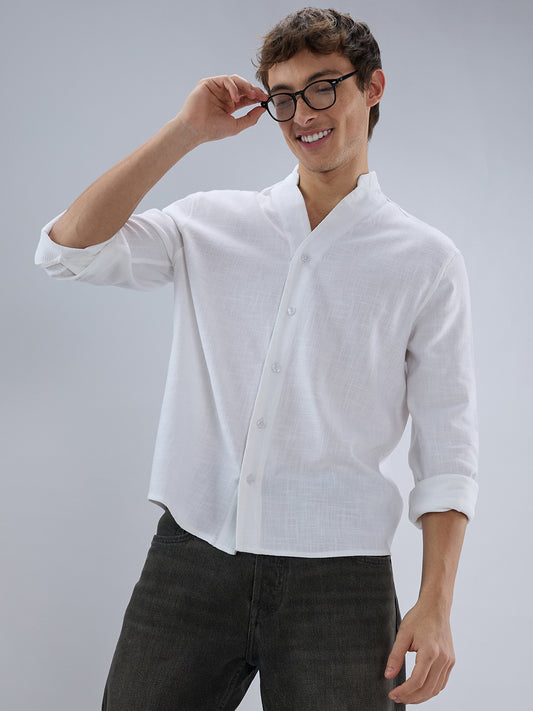 Soft Snow White Diagonal Textured Stand Collar Oversized Shirt