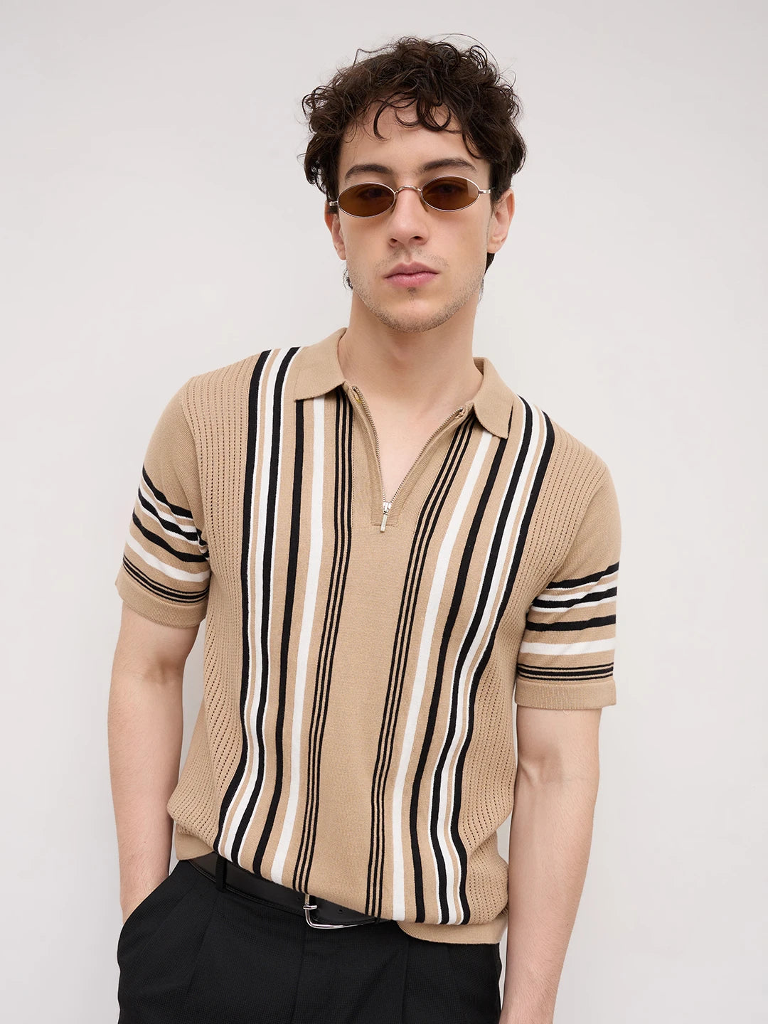 Beige Vertical Striped Flat Knit Zip Polo T-Shirt