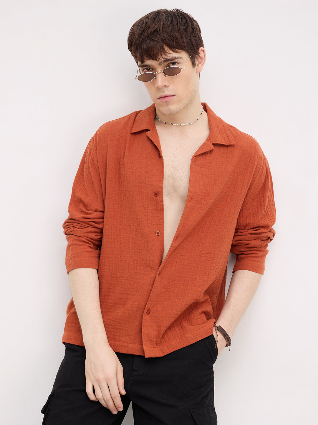 Firey Rust Double Cloth Notch Collar Oversized Shirt