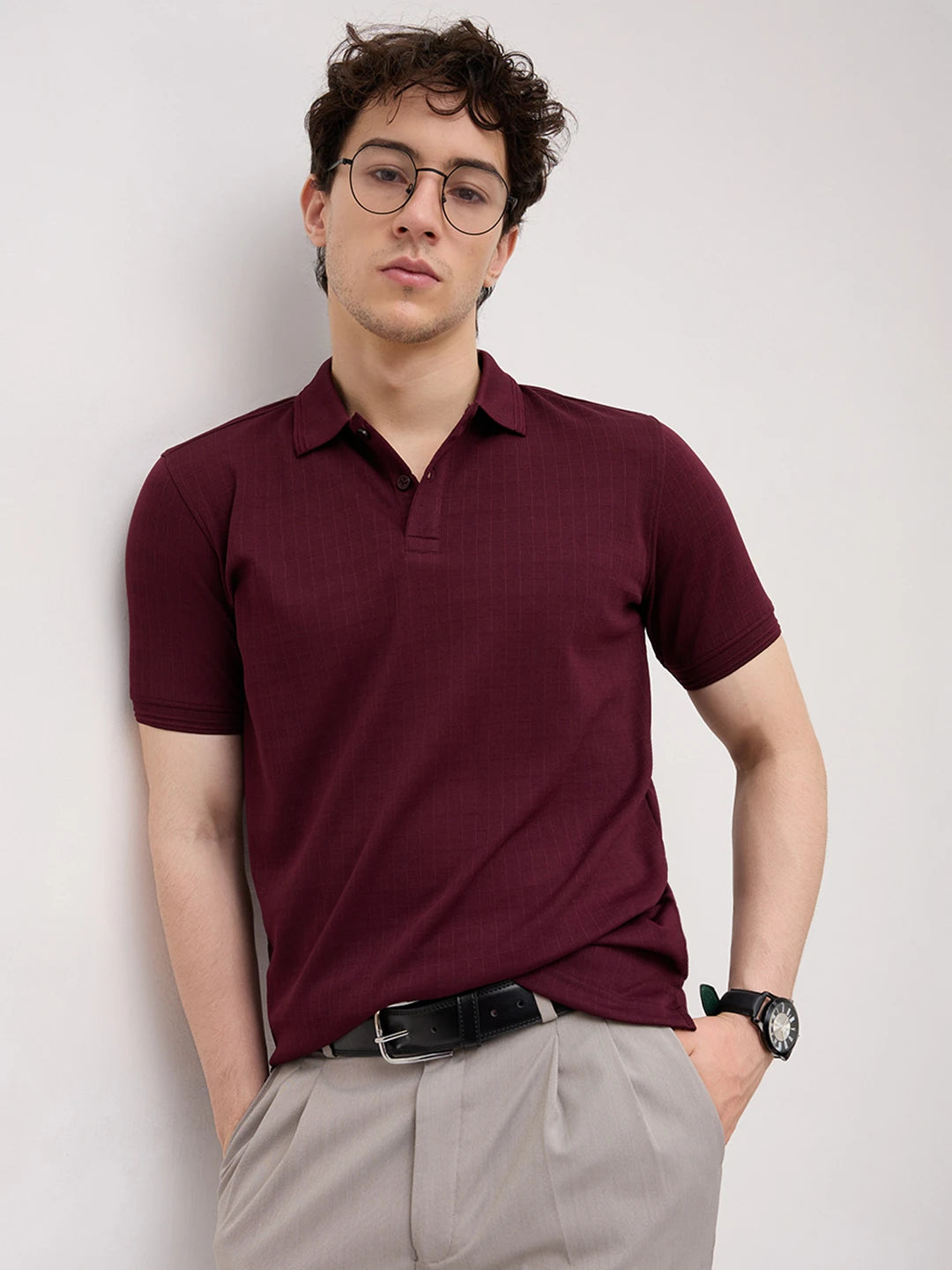 Elite Maroon Pinstripe Weave Polo Tee