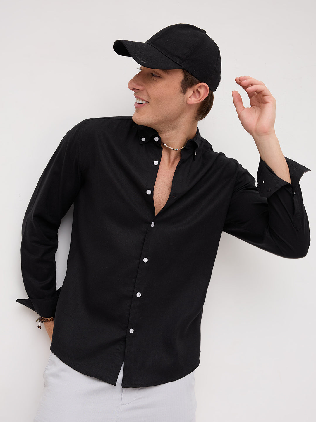 Luxe Black Button-Down Collar Linen Blend Shirt