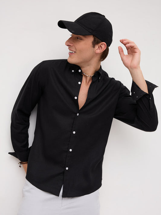 Luxe Black Button-Down Collar Linen Blend Shirt