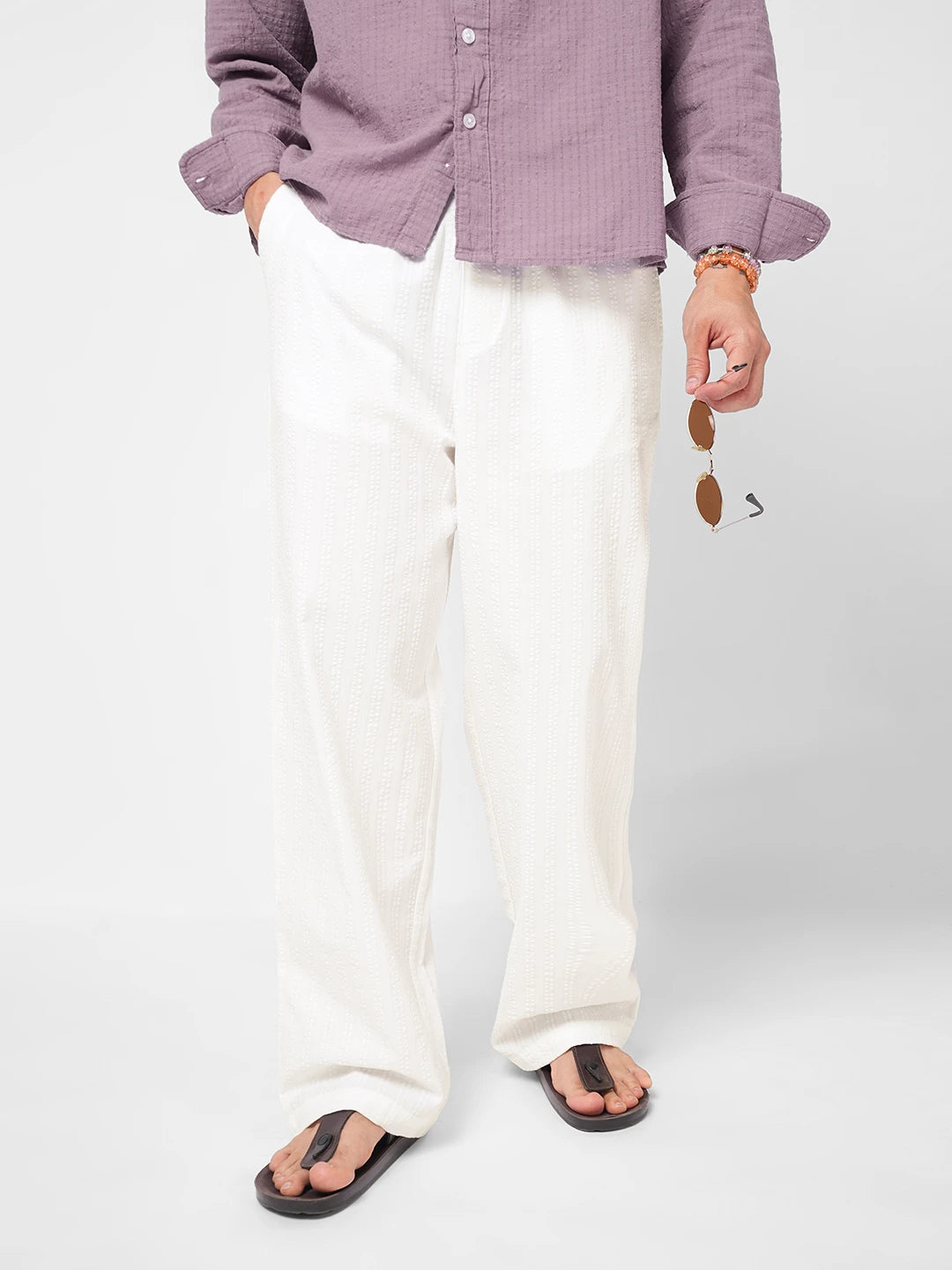 Elite White Seersucker Striped Straight Fit Trousers