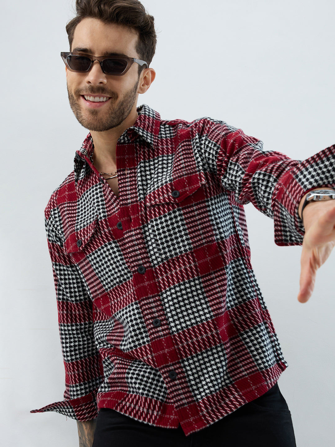 Opulent Red Houndstooth Checkmate Twin Pocket Flannel Shirt