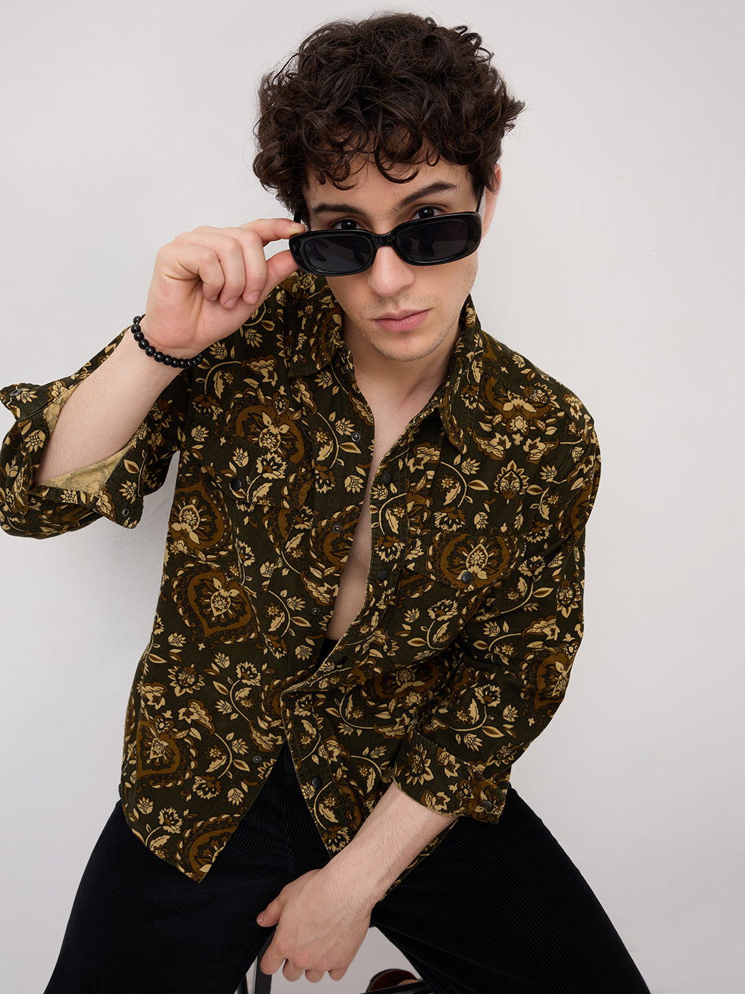 Olive Floral Paisley Printed Double Pocket Corduroy Shirt