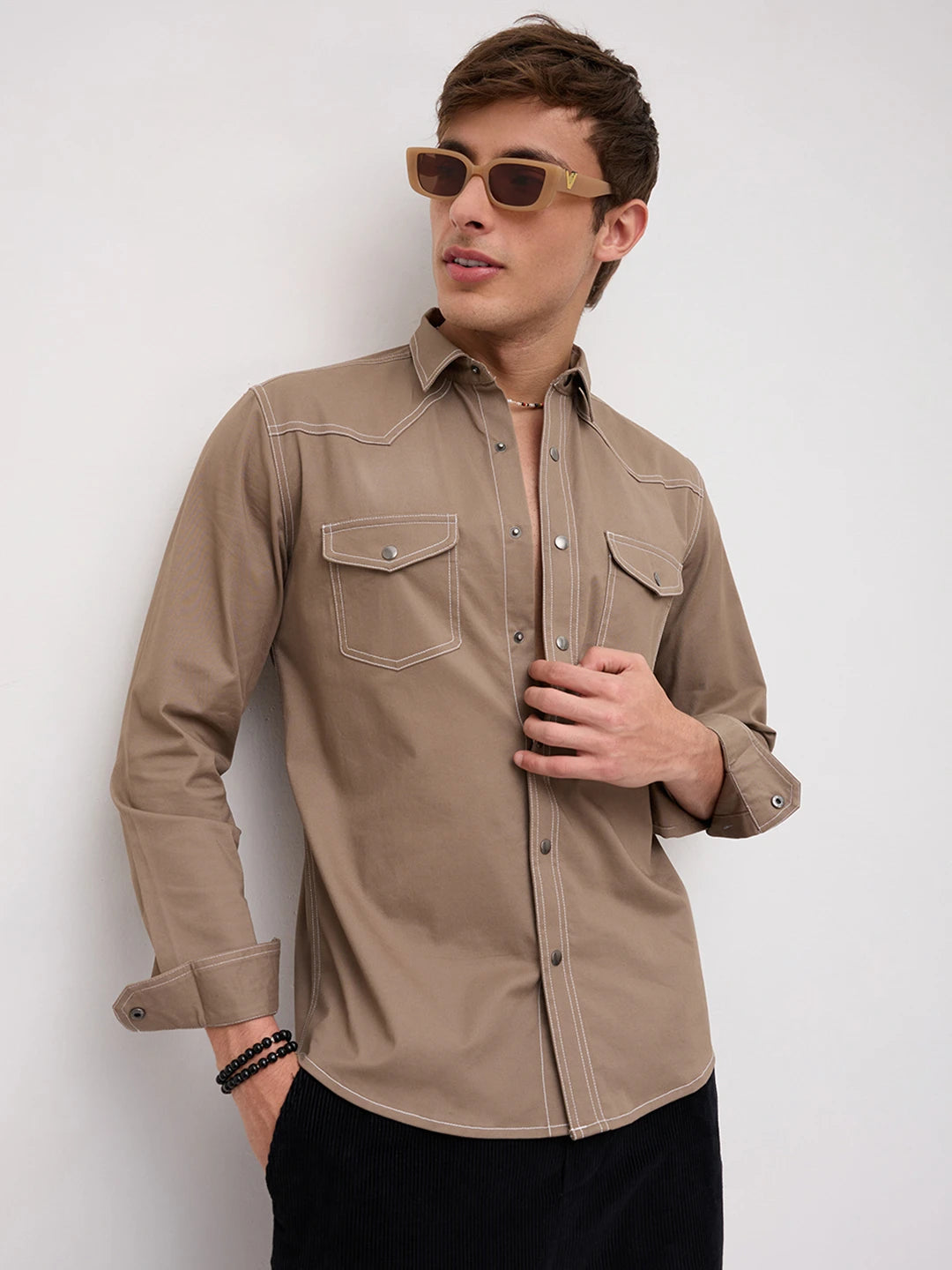 Taupe Contrast Stitch Twin Pocket Shirt