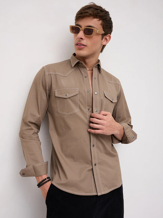 Taupe Contrast Stitch Twin Pocket Shirt